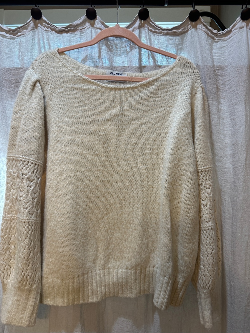 Old Navy Cream Crewneck Sweater with Openwork Sleeve Detail